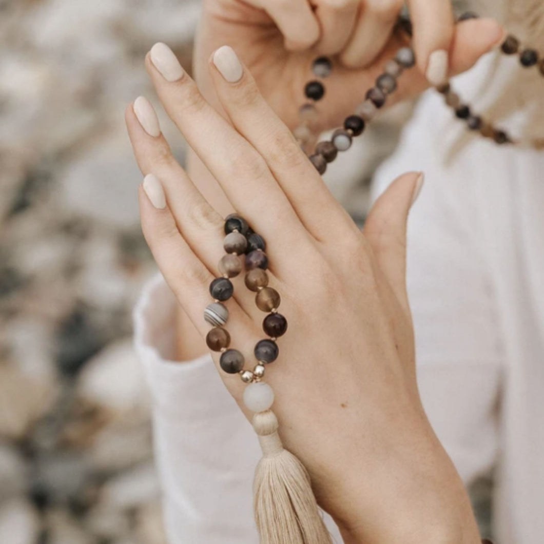 Soothe - Botswana Agate Tassel Mala Necklace